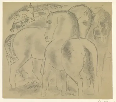 Twee paarden in een landschap met koeien
