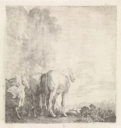 Twee paarden met geiten en een koe bij een hoge (stads)muur