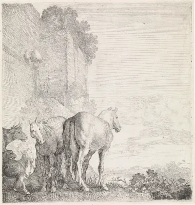Twee paarden met geiten en een koe bij een hoge (stads)muur