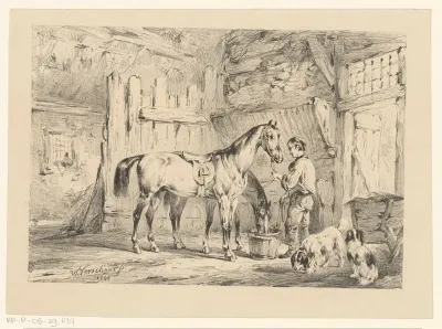 Twee paarden met knecht in de stal