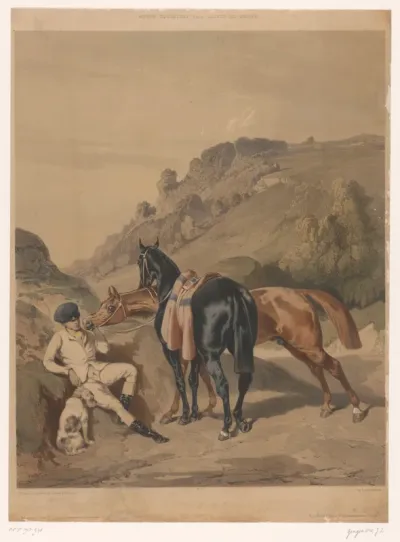 Twee paarden met rustende ruiter in een landschap