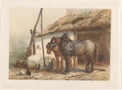 Twee paarden staand voor een stal