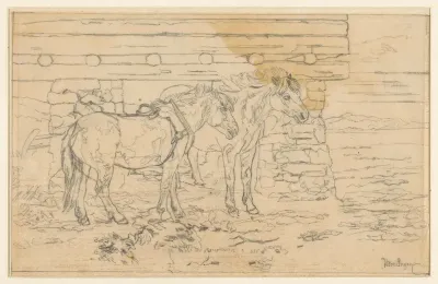 Twee paarden voor een schuur