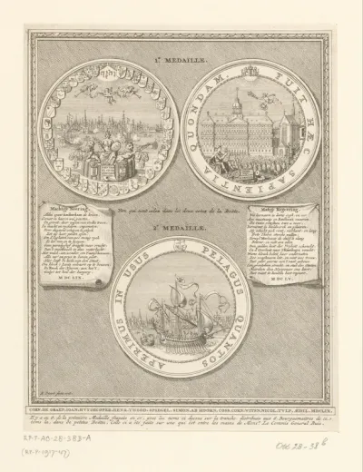 Twee penningen op de inwijding van het nieuwe stadhuis van Amsterdam, 1655
