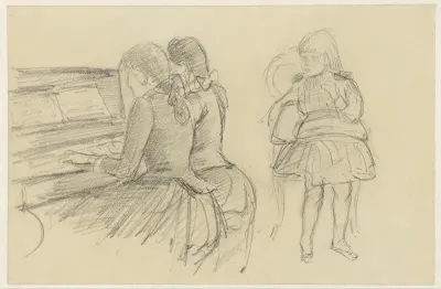 Twee pianospelende meisjes en een zittend meisje