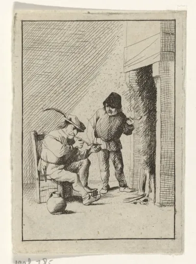 Twee pijprokende boeren bij schouw