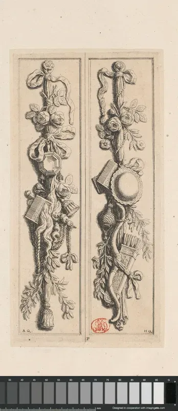 Twee pilasterfestoenen met toiletartikelen, parelsnoeren en bloemen in de noordelijke galerij van het Stadhuis op de Dam