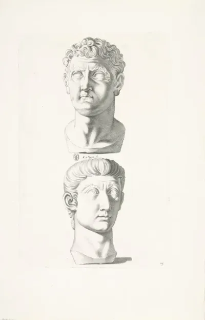 Twee portretbustes van keizer Domitianus en keizer Tiberius