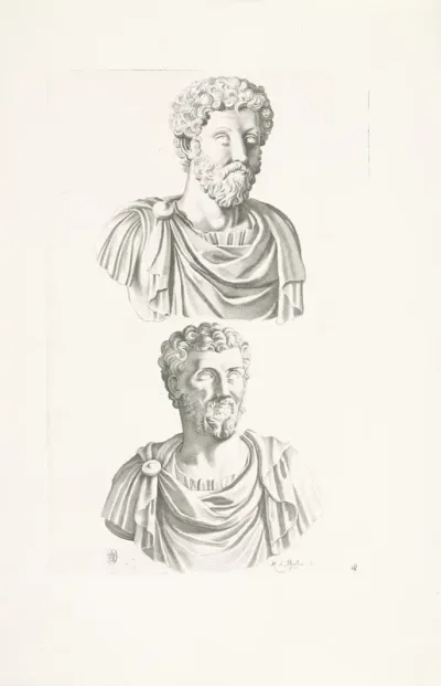 Twee portretbustes van keizer Marcus Aurelius en keizer Septimius Severus