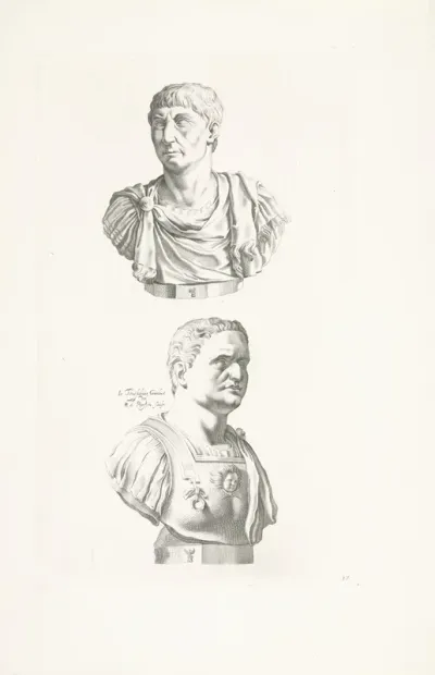 Twee portretbustes van keizer Trajanus en keizer Domitianus