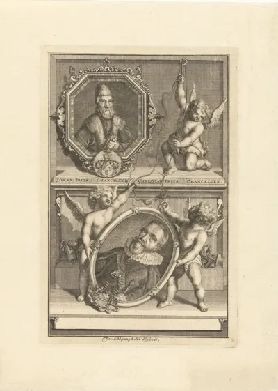 Twee portretten van Johan en Christian Friss, kanseliers van Denemarken, worden op een sokkel geplaatst door drie putti