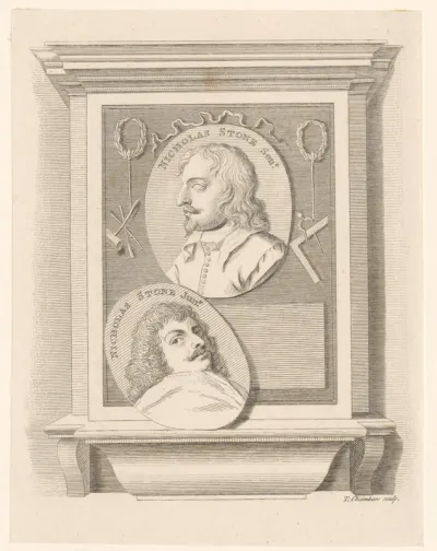 Twee portretten van Nicholas Stone (I) en Nicholas Stone (II) in twee medaillons
