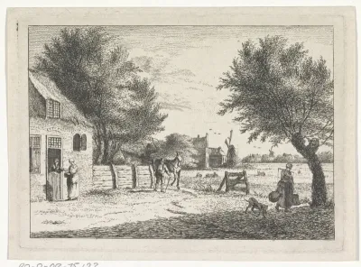 Twee pratende vrouwen voor een huis