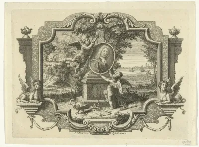 Twee putti bevestigen portret van Pieter Rabus aan gedenkmonument