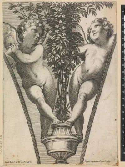 Twee putti bij een plant in pot