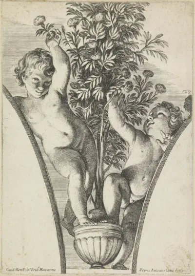 Twee putti bij een rozenstruik in pot