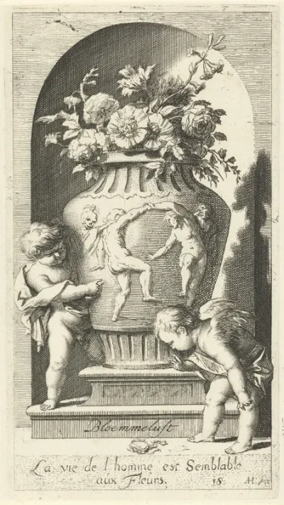 Twee putti bij een vaas met bloemen