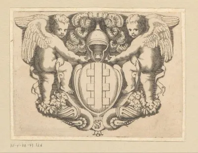 Twee putti bij een wapenschild