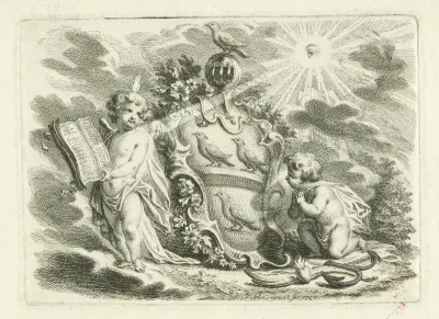 Twee putti bij gehelmd wapenschild