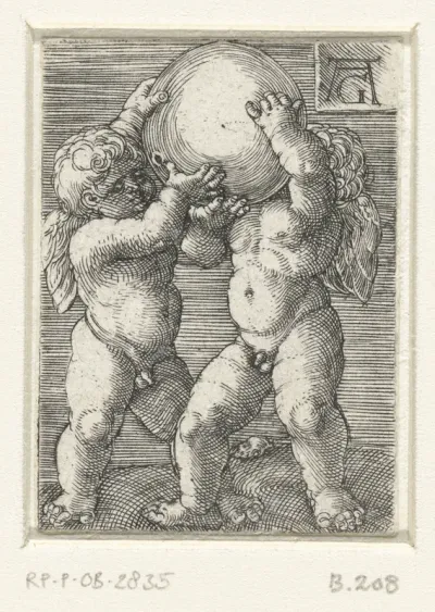 Twee putti die een bol dragen