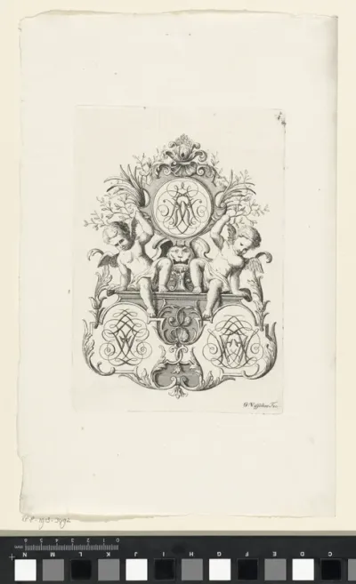 Twee putti dragen een cartouche met monogram