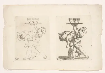 Twee putti dragen een putto met in zijn handen een dienblad met drie drinkbekers