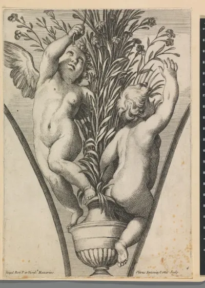 Twee putti, één van achteren gezien, bij een plant in pot