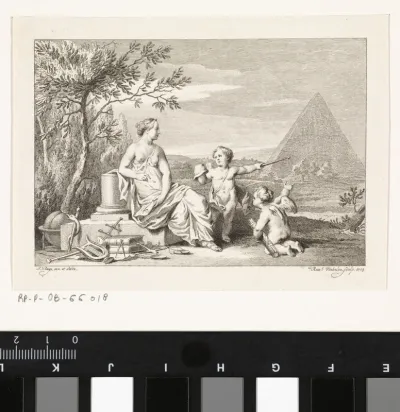 Twee putti en een jonge vrouw bij een piramide