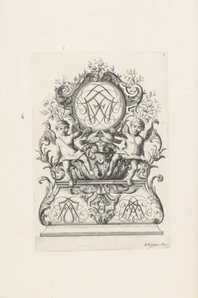 Twee putti en twee duiven dragen een monogram