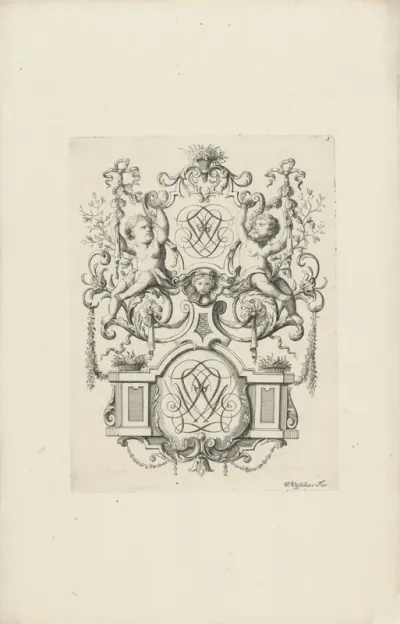 Twee putti flankeren een monogram