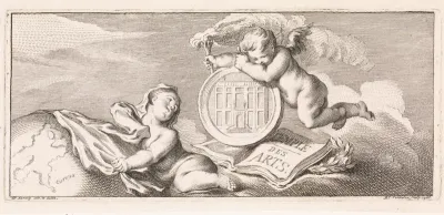 Twee putti in de wolken met een medaillon, de wereldbol en een boek