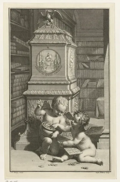 Twee putti in een bibliotheek