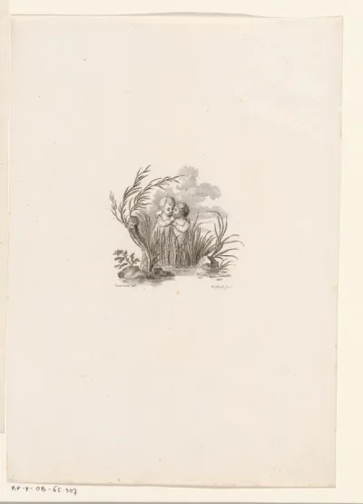 Twee putti in een omhelzing in het riet