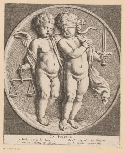 Twee putti met attributen van Justitia