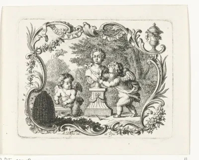 Twee putti met buste van Pan en bijenkorf in cartouche