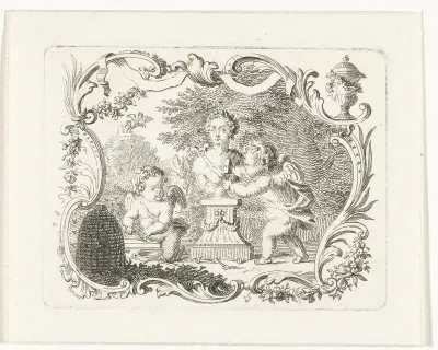 Twee putti met buste van Pan en bijenkorf in cartouche