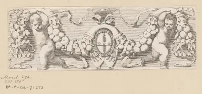 Twee putti met een guirlande van fruit en het wapen van kardinaal Jules Mazarin