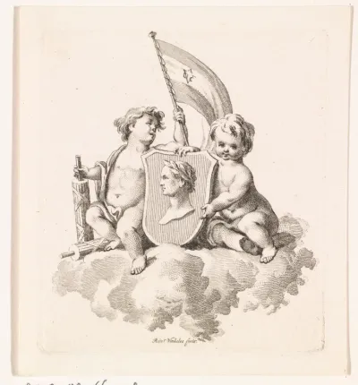 Twee putti met het familiewapen van Hooft en banier van de V.O.C.