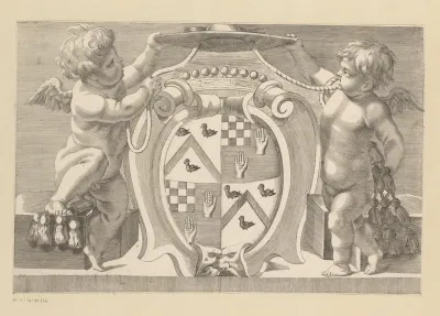 Twee putti met kardinaalshoed boven een wapenschild