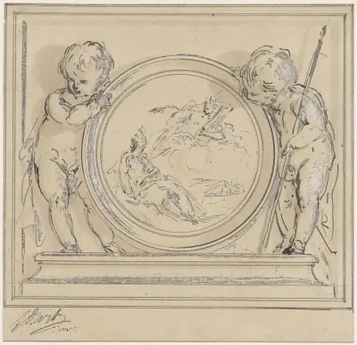 Twee putti met medaillon, waarin de verschijning van Apollo aan de muze