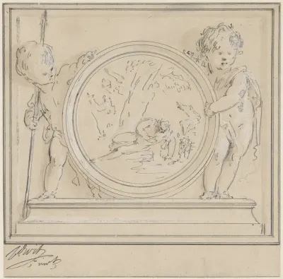 Twee putti met medaillon, waarin Narcissus en Echo