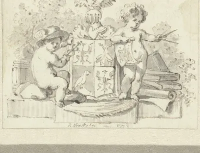 Twee putti, met passer en aesculaap, bij het familiewapen van Schoemaker
