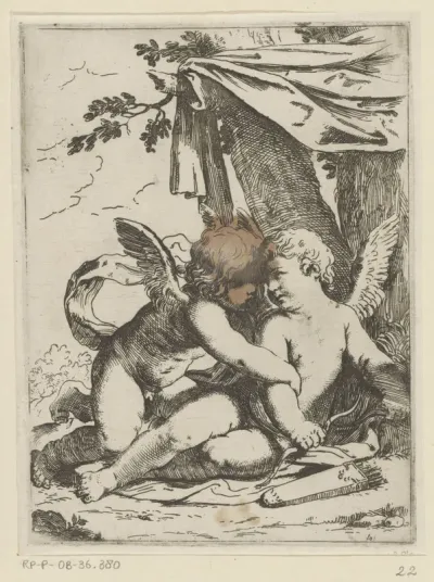 Twee putti onder een tentdoek