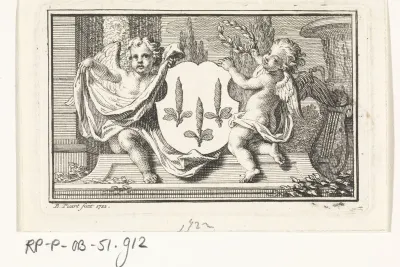Twee putti onthullen en lauweren een wapenschild