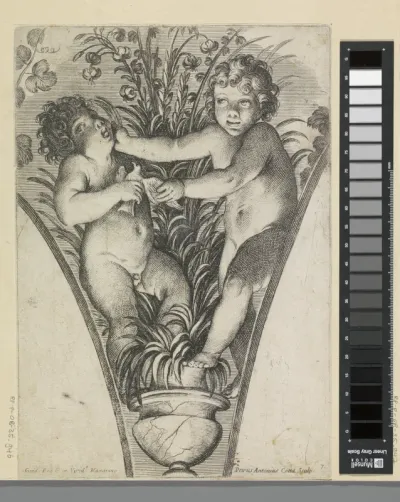 Twee putti, vechtend om een vogel, bij een plant in pot