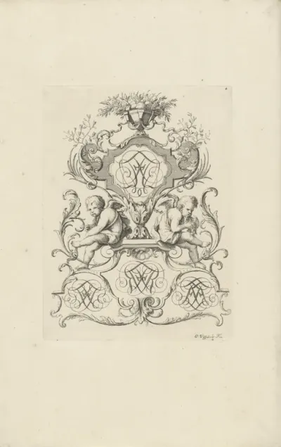 Twee putti zitten onder een cartouche met monogram