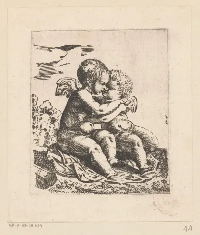 Twee putti zittend in omhelzing