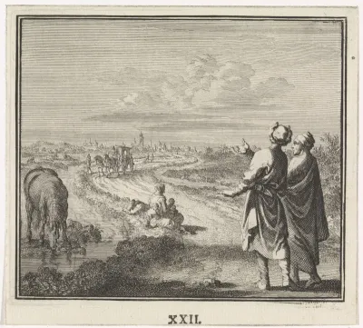 Twee reizigers bij een weg