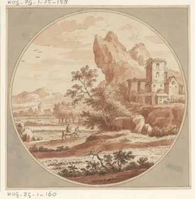 Twee reizigers met ezel in een rotsachtig landschap met kasteel
