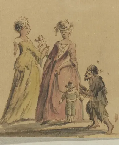 Twee rijk geklede vrouwen met elk een kind en een bedelaar